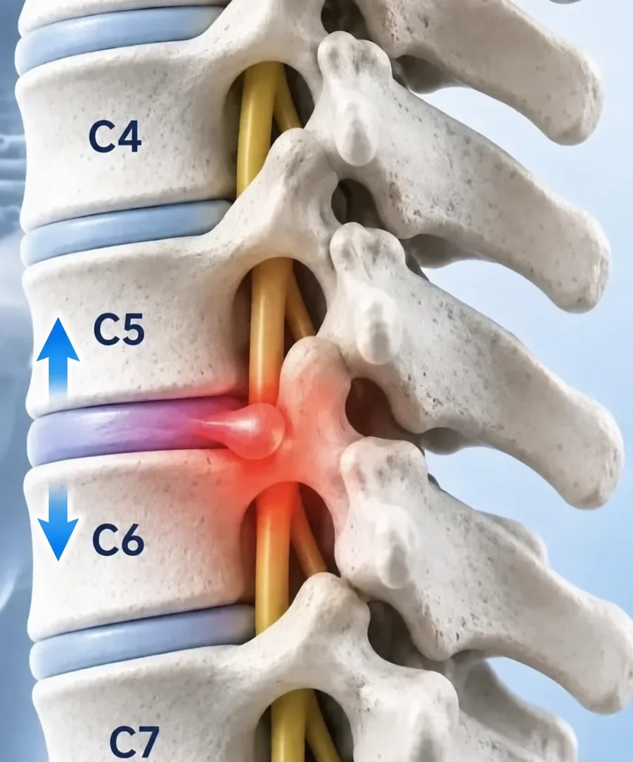 Cervical spine anatomy showing C4 through C7 vertebrae, spinal discs, nerve roots, an irritated bulging disc at the C5–C6 level, and arrows indicating decompression of the segment