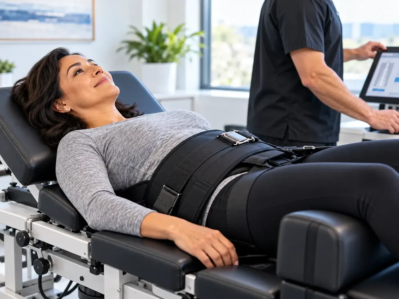 Adult woman receiving non-surgical spinal decompression on a specialized treatment table