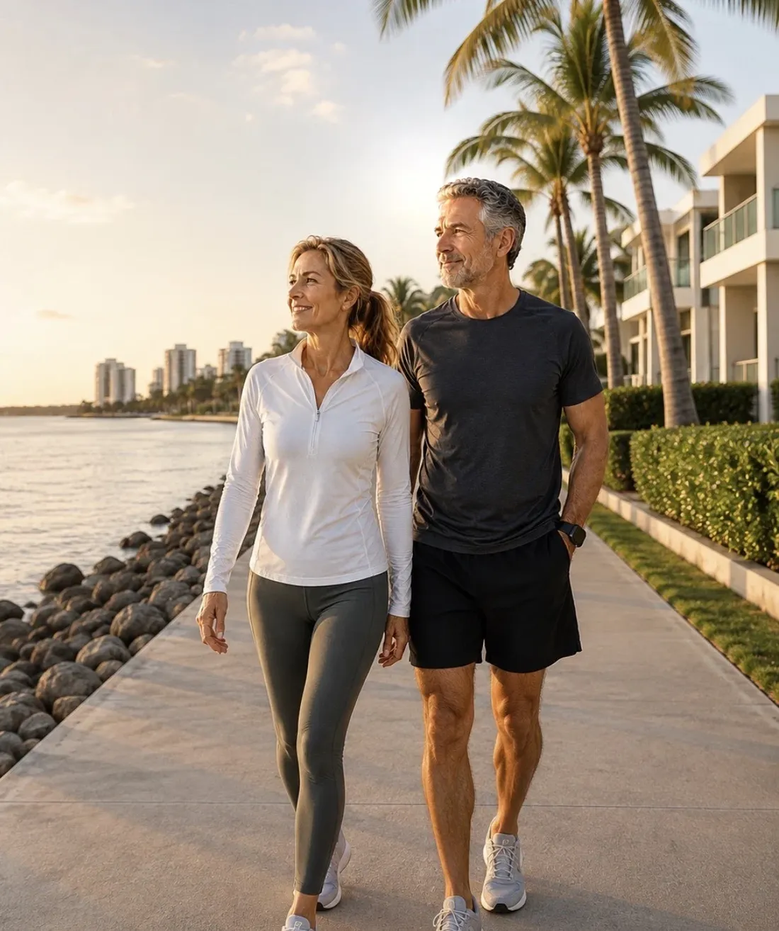 Active mature couple walking together along the Sarasota waterfront